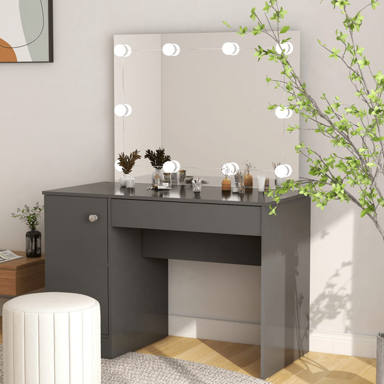 vidaXL Meikkipöytä LED-valoilla 110x55x145 cm MDF harmaa