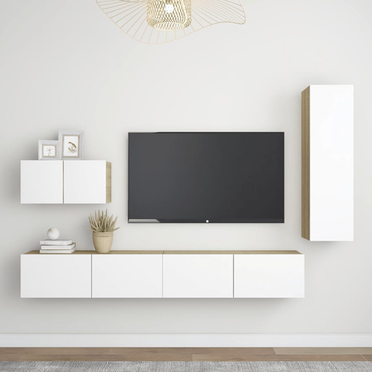 vidaXL 4-osainen TV-kaappisarja valkoinen ja Sonoma-tammi lastulevy