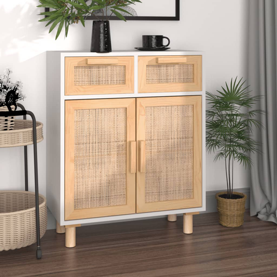 vidaXL Senkki valkoinen 60x30x75 cm täysi mänty ja luonnonrottinki