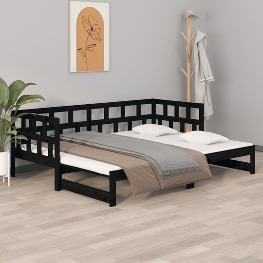 vidaXL Sohvasänky ulosvedettävä musta täysi mänty 2x (90x200) cm