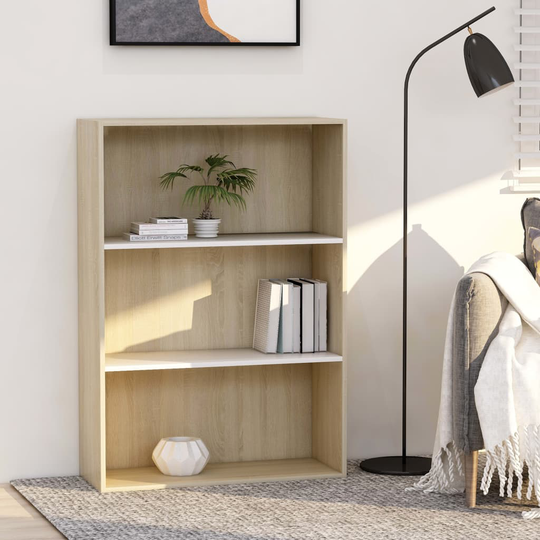 vidaXL 3-tasoinen kirjahylly valk./Sonoma-tammi 80x30x114 cm lastulevy