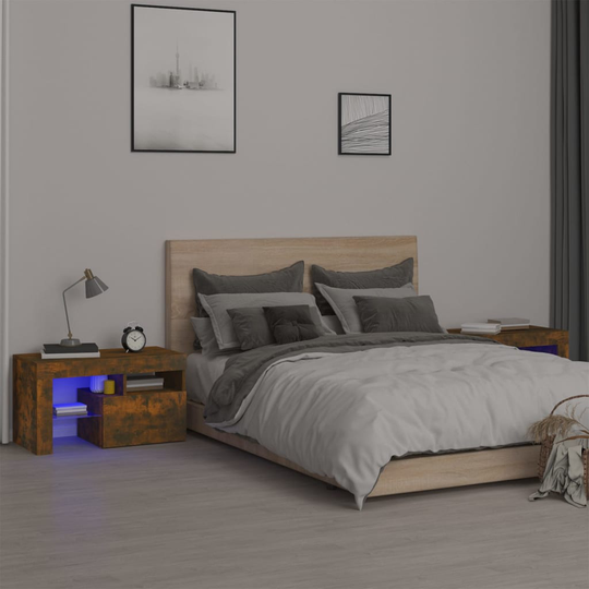 vidaXL Yöpöydät 2 kpl LED-valoilla savutammi 70x36,5x40 cm