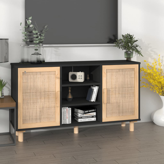 vidaXL Senkki musta 105x30x60 cm täysi mänty ja luonnonrottinki