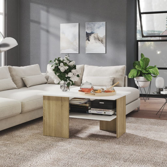 vidaXL Sohvapöytä valkoinen ja Sonoma-tammi 90x60x46,5 cm lastulevy