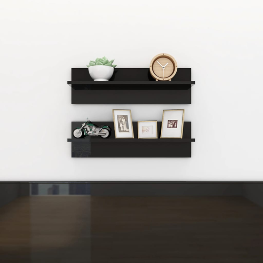 vidaXL Seinähyllyt 2 kpl korkeakiilto musta 60x11,5x18 cm lastulevy