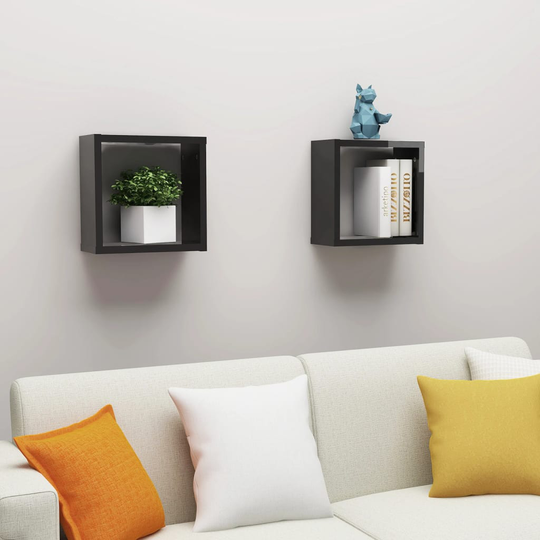 vidaXL Kuutioseinähyllyt 2 kpl korkeakiilto musta 30x15x30 cm