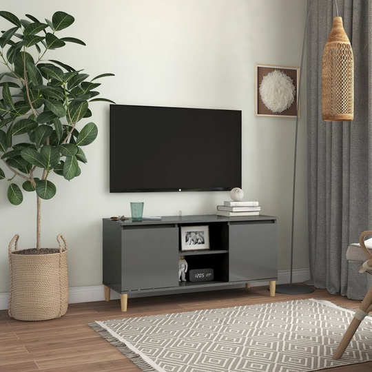 vidaXL TV-taso täyspuiset jalat korkeakiilto harmaa 103,5x35x50 cm