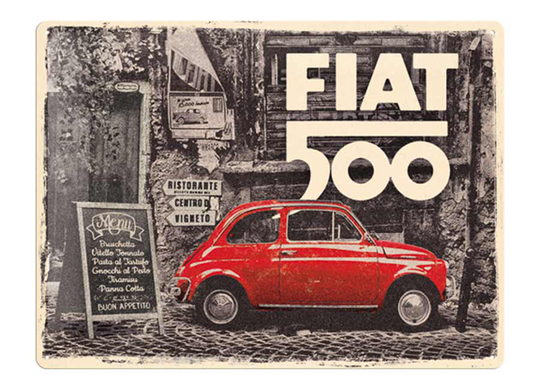 Retrotyylinen metallitaulu Fiat 500 - Red Car In The Street 30x40 cm