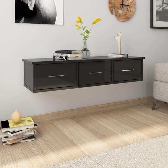 vidaXL Seinälaatikkohylly korkeakiilto musta 88x26x18,5 cm lastulevy