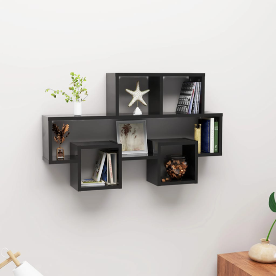 vidaXL Seinähylly autonmuotoinen korkeakiilto musta 82x15x51 cm levy