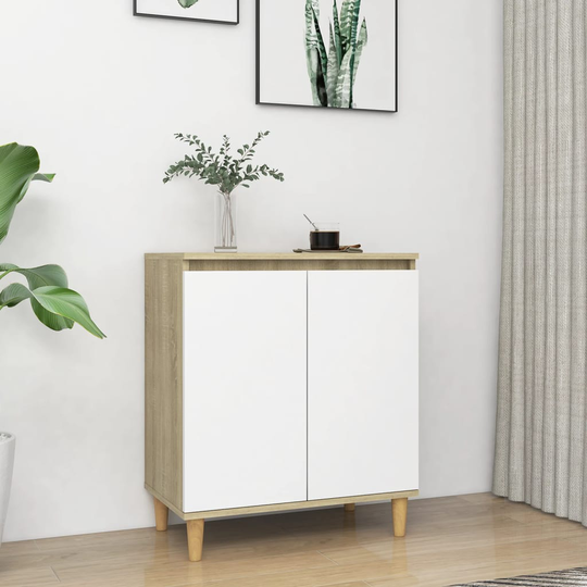 vidaXL Senkki täyspuujaloilla valk./Sonoma tammi 60x35x70 cm lastulevy