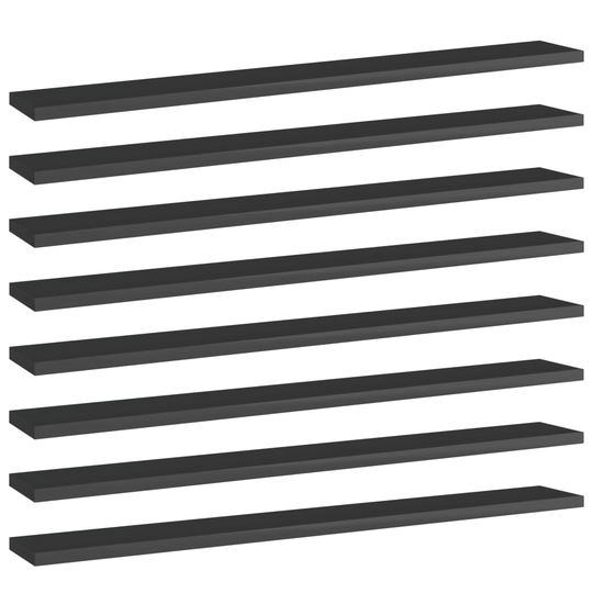 vidaXL Kirjahyllytasot 8 kpl korkeakiilto musta 80x10x1,5 cm lastulevy