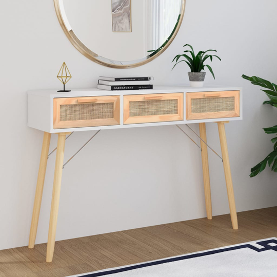 vidaXL Konsolipöytä valkoinen 105x30x75 cm täysi mänty ja rottinki