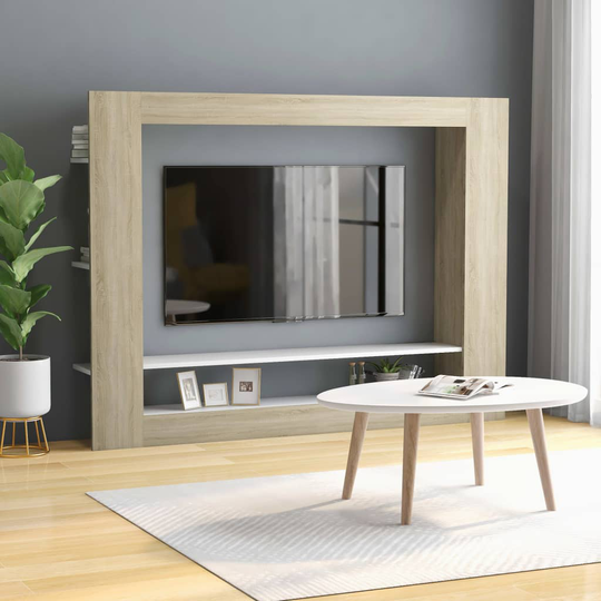 vidaXL TV-taso valkoinen ja Sonoma-tammi 152x22x113 cm lastulevy