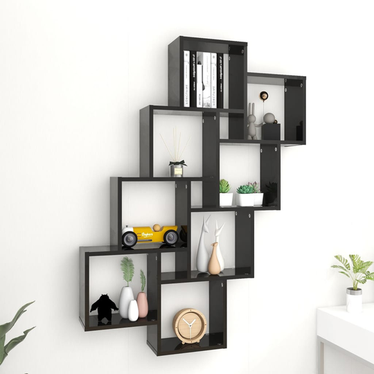 vidaXL Kuutioseinähylly korkeakiilto musta 90x15x119 cm lastulevy