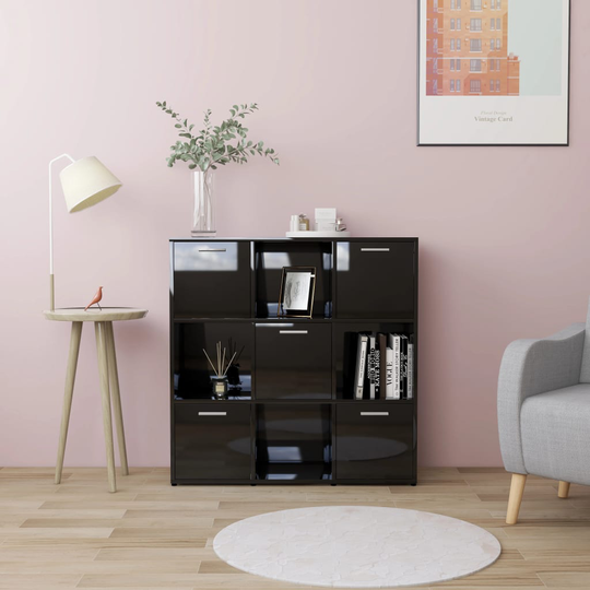 vidaXL Kirjahylly korkeakiilto musta 90x30x90 cm lastulevy