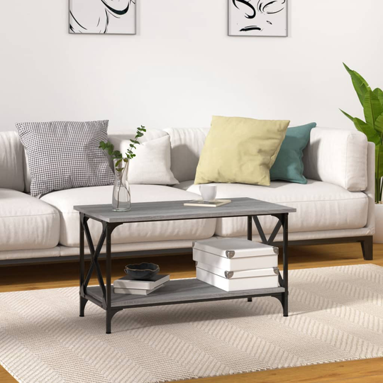 vidaXL Sohvapöytä harmaa Sonoma 80x45x45 cm tekninen puu ja rauta
