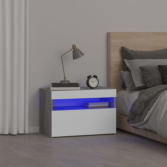 vidaXL Yöpöytä LED-valoilla harmaa Sonoma 60x35x40 cm