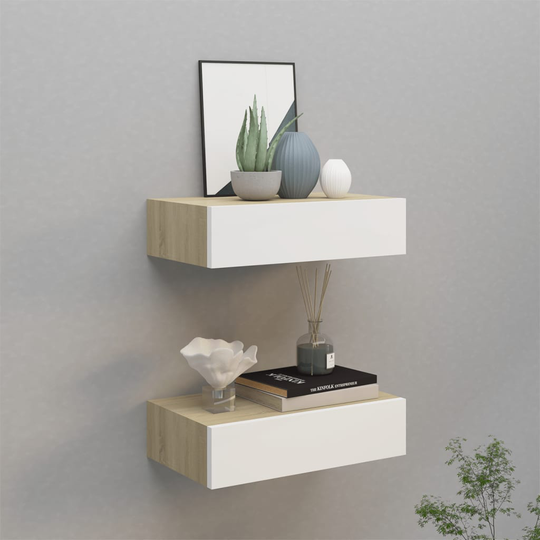 vidaXL Seinälaatikkohyllyt 2 kpl tammi ja valkoinen 40x23,5x10 cm MDF