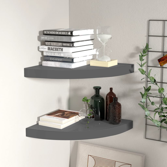 vidaXL Kelluvat kulmahyllyt 2 kpl korkeakiilto harmaa 35x35x3,8 cm MDF