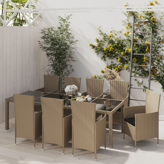 vidaXL 11-osainen Ulkoruokailuryhmä tyynyillä polyrottinki beige