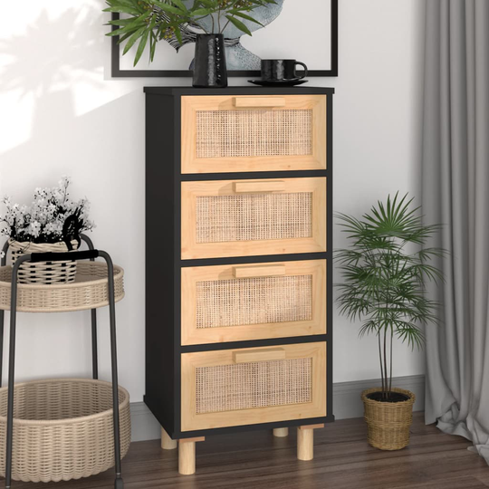 vidaXL Senkki musta 40x30x90 cm täysi mänty ja luonnonrottinki