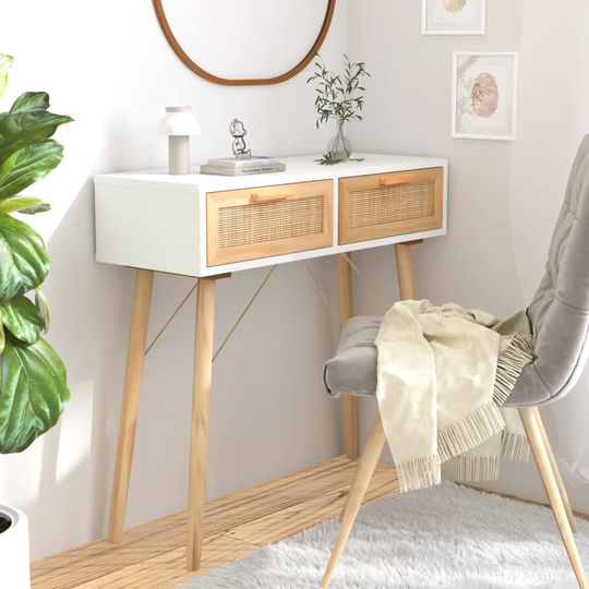vidaXL Konsolipöytä valkoinen 80x30x75 cm täysi mänty ja rottinki