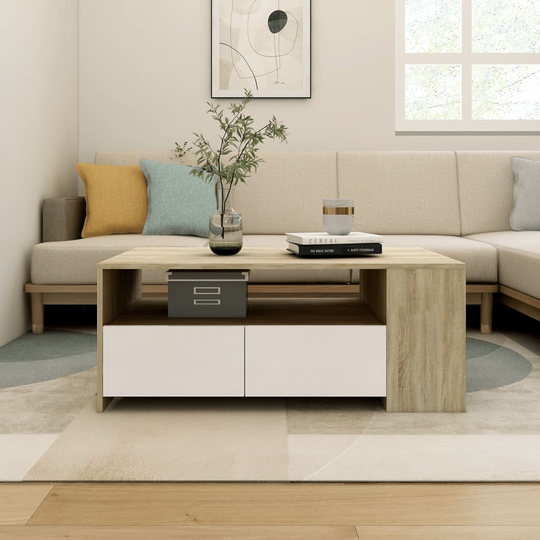 vidaXL Sohvapöytä valkoinen ja Sonoma-tammi 102x55x42 cm tekninen puu