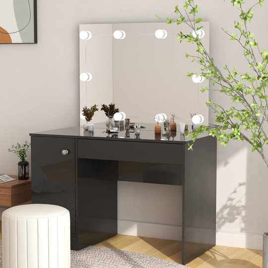 vidaXL Meikkipöytä LED-valoilla 110x55x145 cm MDF kiiltävä musta