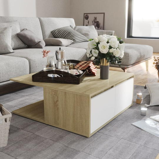 vidaXL Sohvapöytä valkoinen ja Sonoma-tammi 80x80x31 cm lastulevy