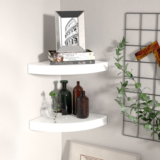 vidaXL Kelluvat kulmahyllyt 2 kpl korkeakiilto valk. 25x25x3,8 cm MDF