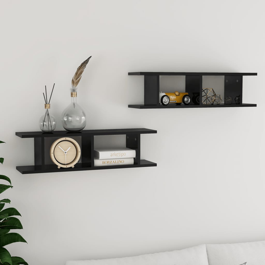 vidaXL Seinähyllyt 2 kpl korkeakiilto musta 78x18x20 cm lastulevy