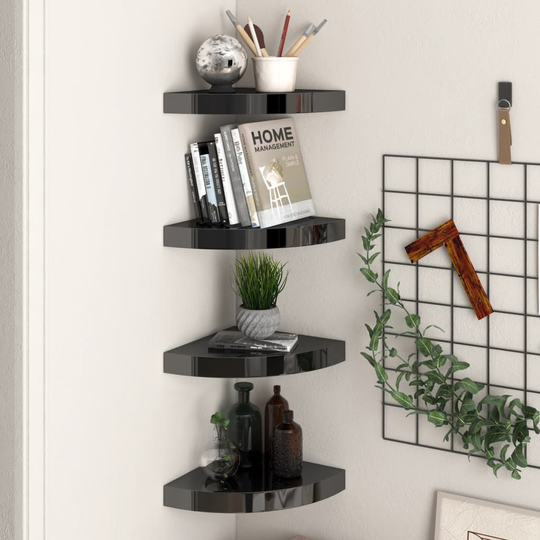 vidaXL Kelluvat kulmahyllyt 4 kpl korkeakiilto musta 25x25x3,8 cm MDF