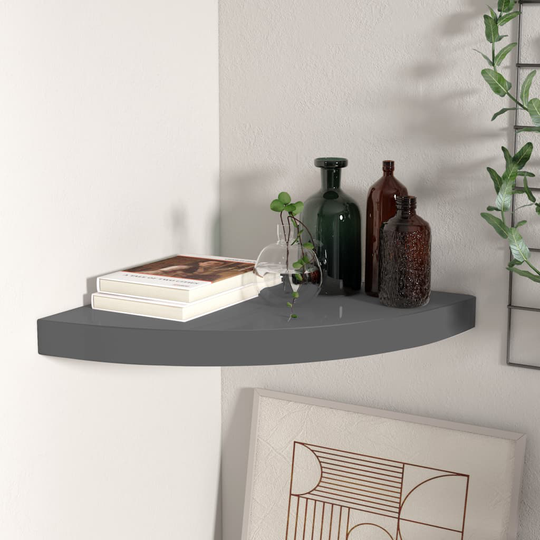 vidaXL Kelluva kulmahylly korkeakiilto harmaa 35x35x3,8 cm MDF