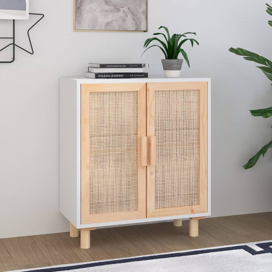 vidaXL Senkki valkoinen 60x30x70 cm täysi mänty ja luonnonrottinki
