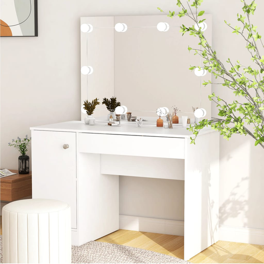 vidaXL Meikkipöytä LED-valoilla 110x55x145 cm MDF valkoinen