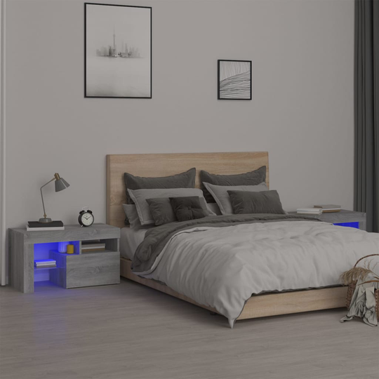 vidaXL Yöpöydät 2 kpl LED-valoilla harmaa Sonoma 70x36,5x40 cm