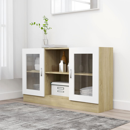 vidaXL Vitriinikaappi valkoinen/Sonoma-tammi 120x30,5x70 cm lastulevy