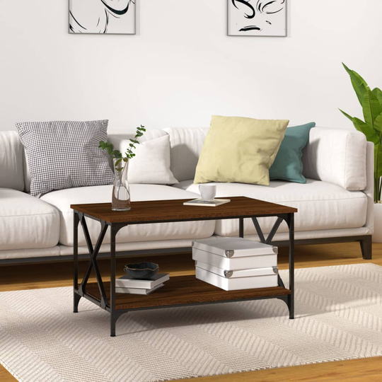 vidaXL Sohvapöytä ruskea tammi 80x50x45 cm tekninen puu ja rauta