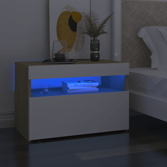 vidaXL Yöpöytä LED-valoilla 2 kpl valkoinen ja Sonoma-tammi 60x35x40cm