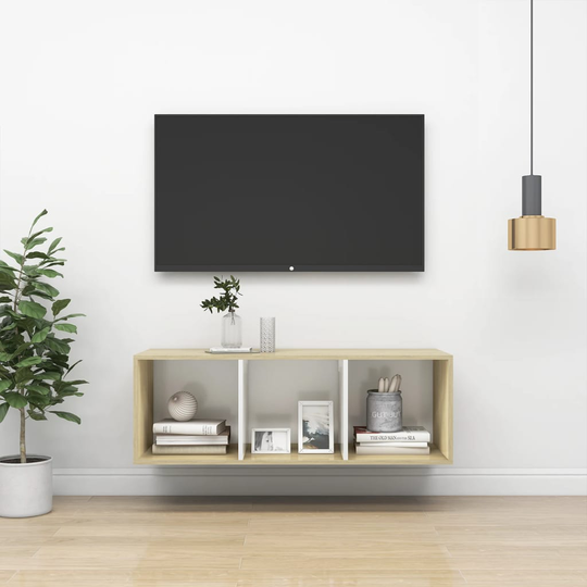 vidaXL Seinäkiinnitettävä TV-taso tammi ja valk. 37x37x107cm lastulevy