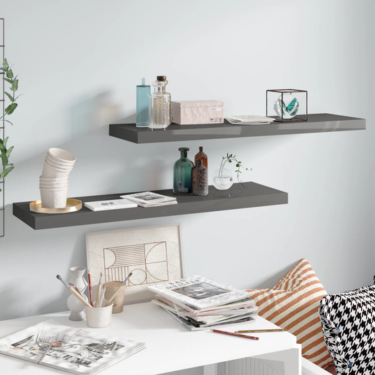 vidaXL Kelluvat seinähyllyt 2kpl korkeakiilto harmaa 90x23,5x3,8cm MDF