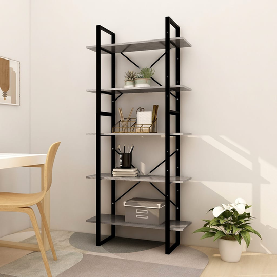 vidaXL 5-tasoinen Kirjahylly betoninharmaa 80x30x175 cm lastulevy