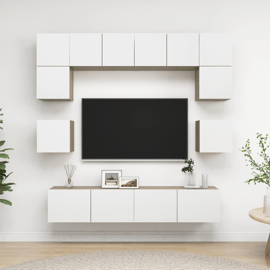 vidaXL 8-osainen TV-kaappisarja valkoinen ja Sonoma-tammi tekninen puu