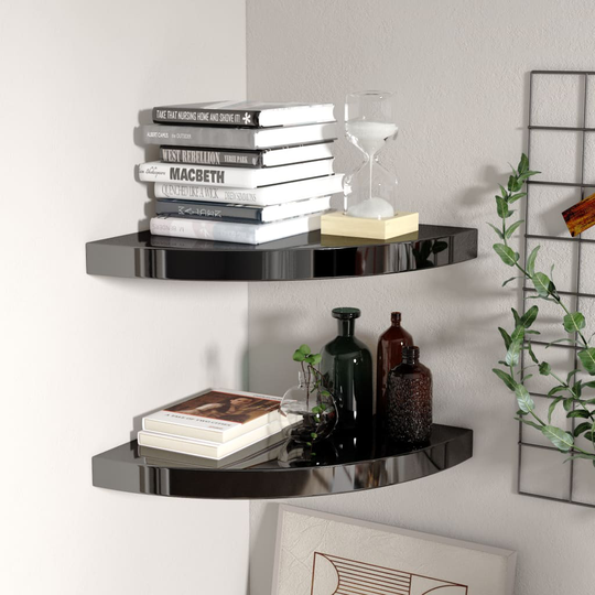 vidaXL Kelluvat kulmahyllyt 2 kpl korkeakiilto musta 35x35x3,8 cm MDF