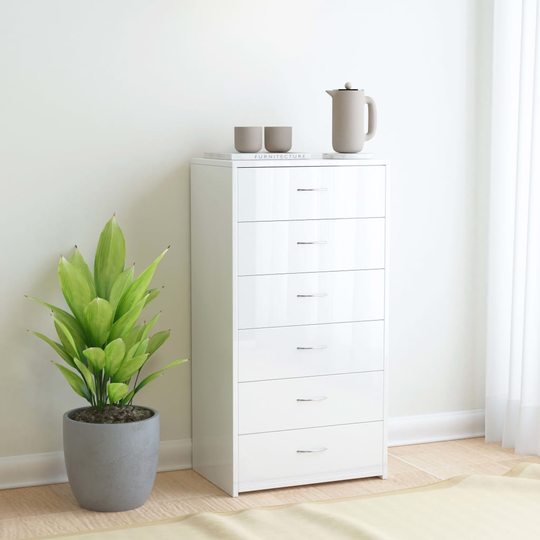 vidaXL Lipasto 6 vetolaatikkoa korkeakiilto valk. 50x34x96cm lastulevy