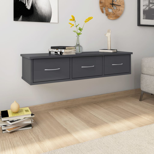 vidaXL Seinälaatikkohylly korkeakiilto harmaa 88x26x18,5 cm lastulevy