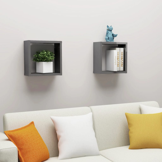 vidaXL Kuutioseinähyllyt 2 kpl korkeakiilto harmaa 30x15x30 cm