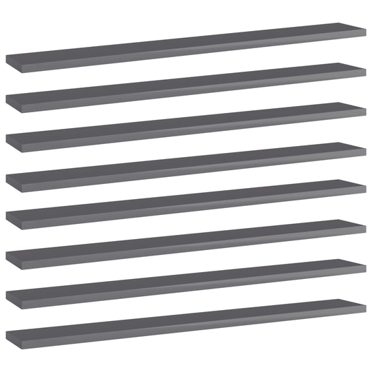 vidaXL Kirjahyllytasot 8 kpl korkeakiilto harmaa 80x10x1,5cm lastulevy