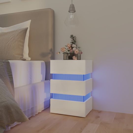 vidaXL Yöpöytä LED-valoilla korkeakiilto valk. 45x35x67 cm lastulevy